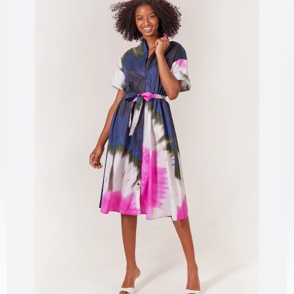 NWT Tucker Sarah Shirt Dress in Ink Tie Dye Pima Cotton Poplin Sz XL *NO BELT*